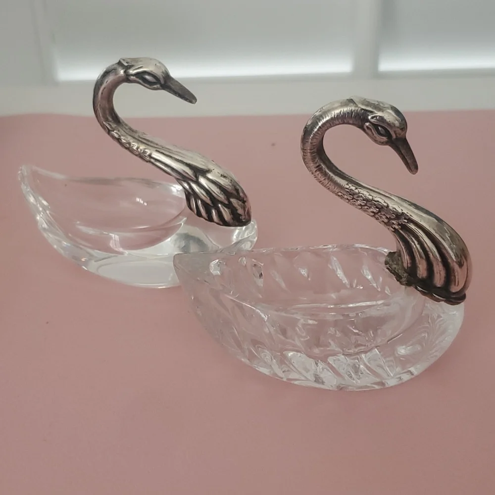 Vintage German Sterling and Crystal Swan Sugar Cellar Pair - Picture 3 of 4